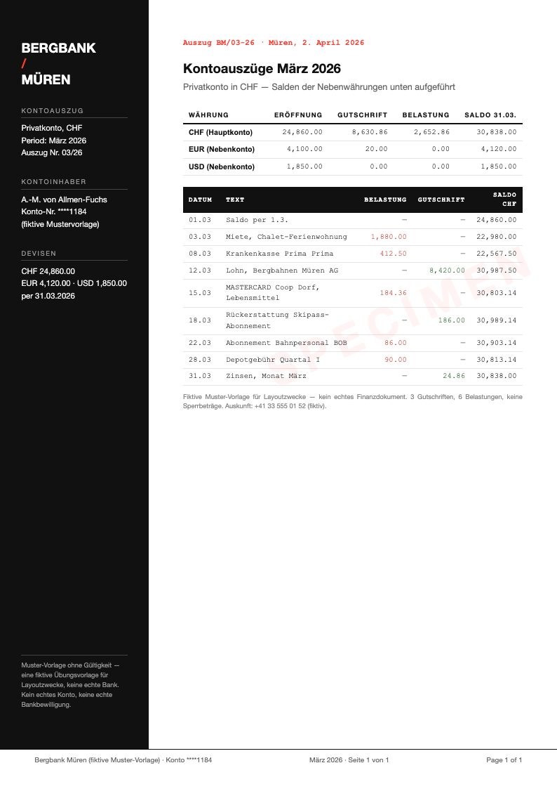 Swiss International Bank Statement